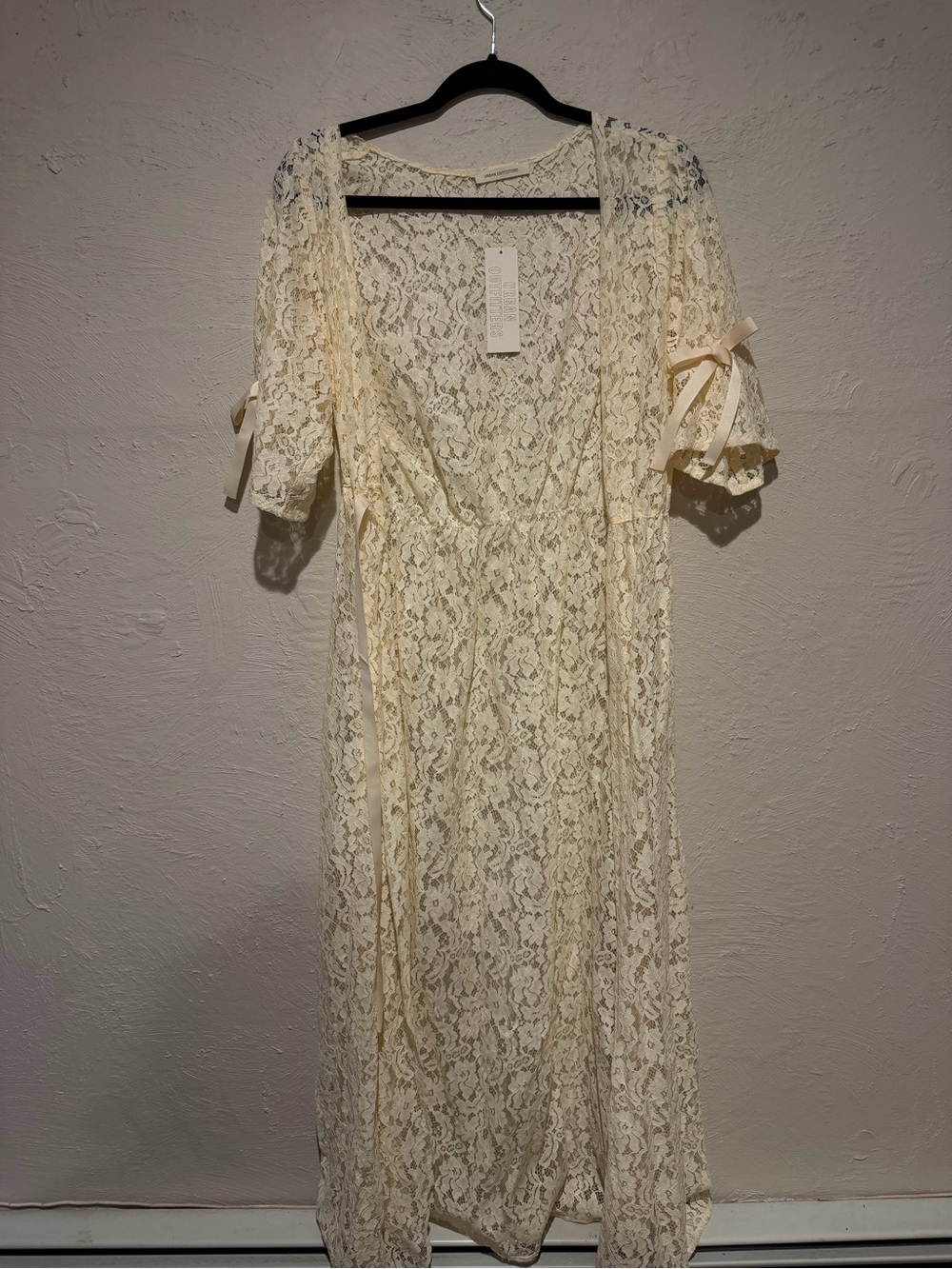 Urban Outfitters Cream Lace Midi Dress with Tie Sleeves